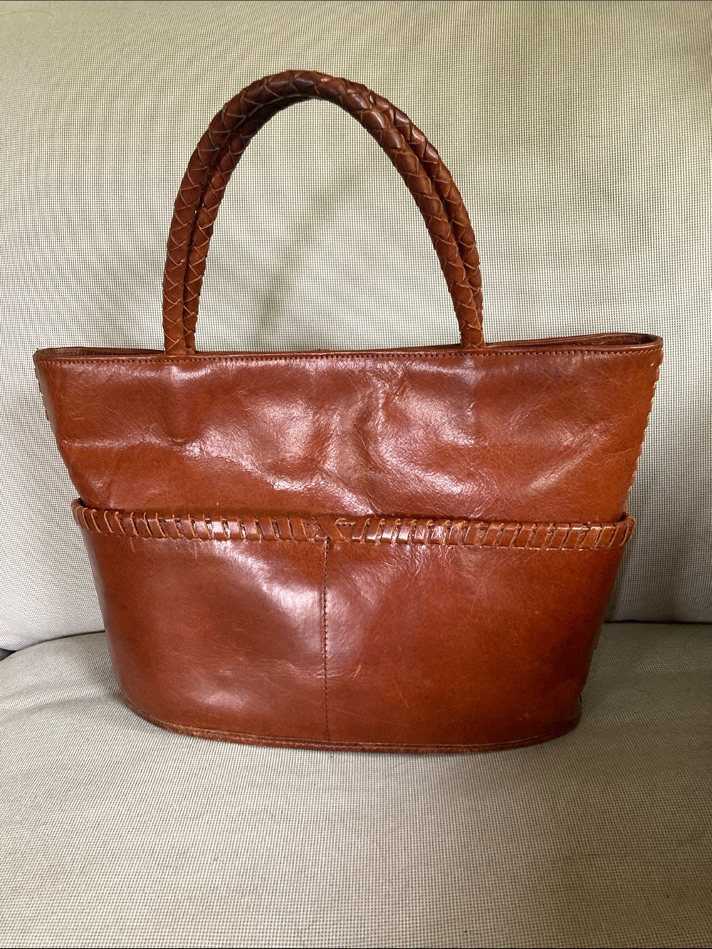 Kenneth Cole Braided Handle Chestnut Leather Tote Style HandBag